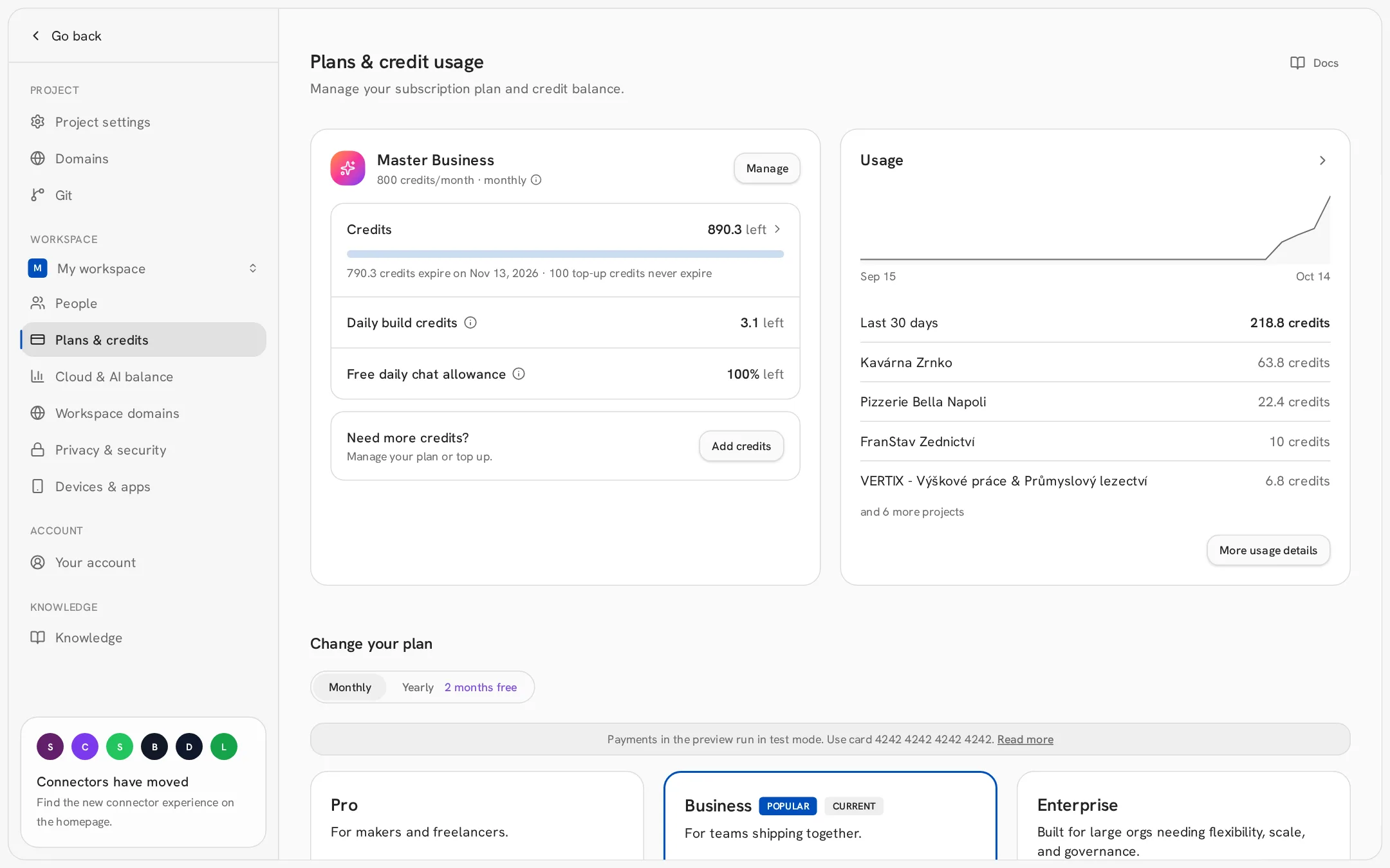 Plans and credit usage page