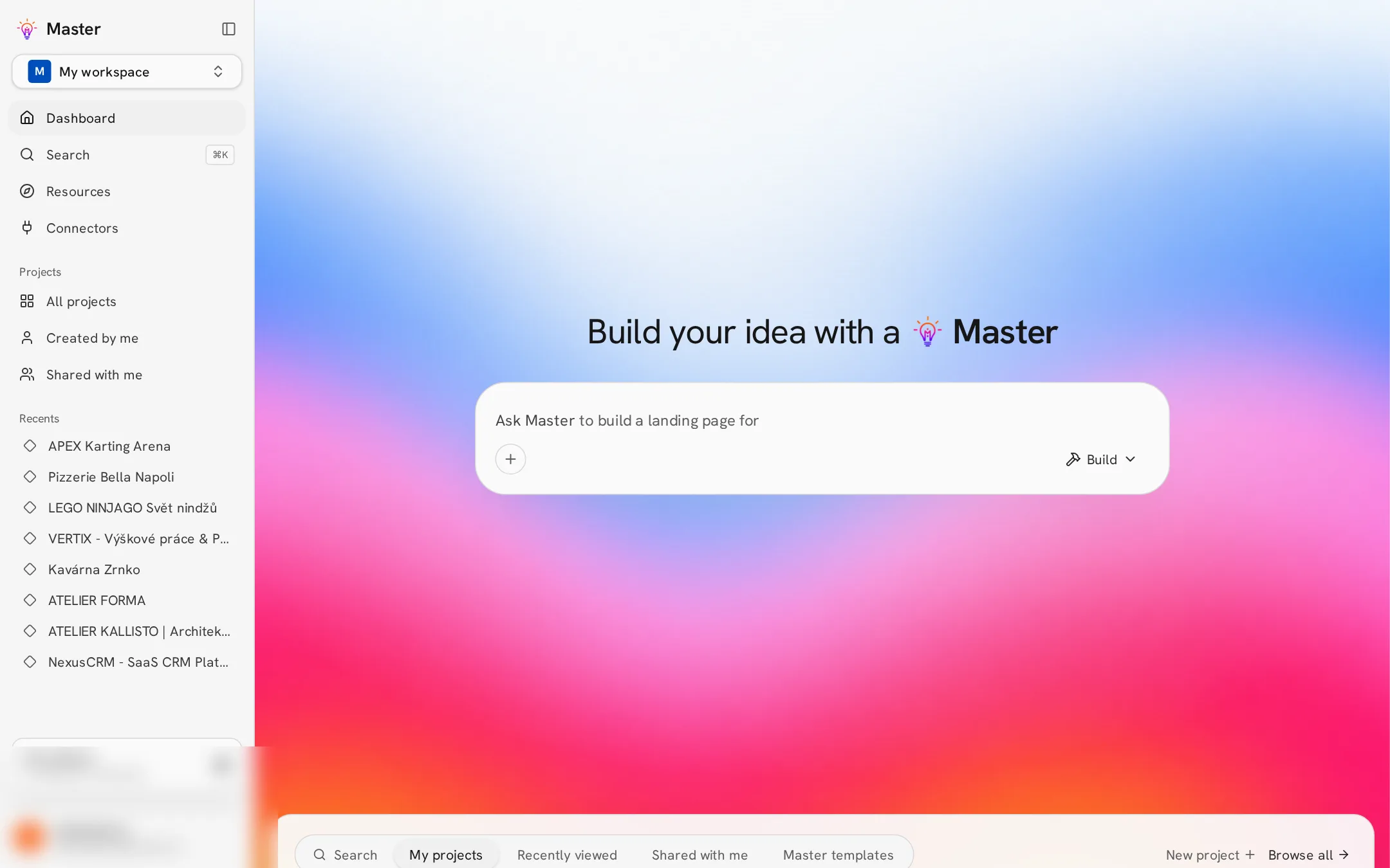 Projects page with sidebar and project grid