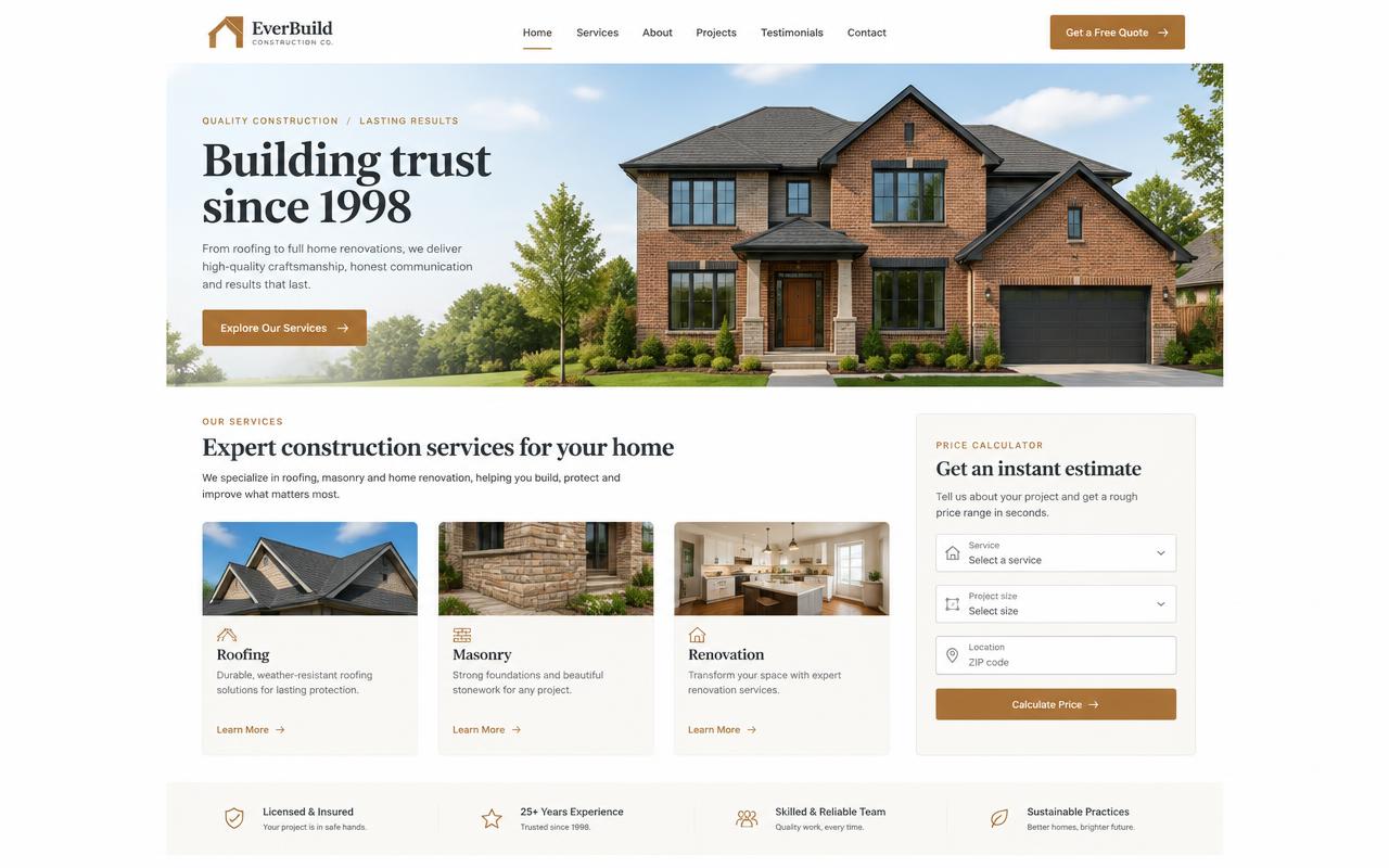 Construction company website created with Master